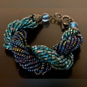 Artisan Blue & Teal Glass Beaded Twist Bracelet | Handwoven Statement Jewelry